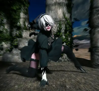 2B (YoRHa No.2 Type B) from NieR: Automata depicted in a dynamic low-angle pose with a blindfold and gothic-lolita outfit, set against a post-apocalyptic ruin.