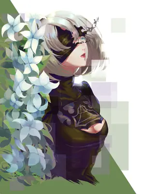 Digital illustration of 2B (YoRHa No.2 Type B) from NieR: Automata wearing a black dress and blindfold, surrounded by white flowers.