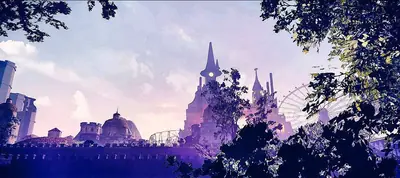 A digital illustration of a post-apocalyptic cityscape from NieR: Automata, featuring gothic architecture and a Ferris wheel under a twilight sky.