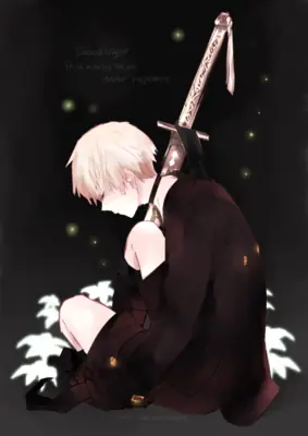 Digital illustration of 2B (YoRHa No.2 Type B) from NieR: Automata sitting with a sword, wearing a black dress and blindfold.