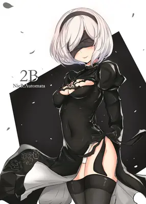 2B (YoRHa No.2 Type B) from NieR: Automata depicted in a gothic-lolita style with a black blindfold and dress, standing against a dark geometric background.