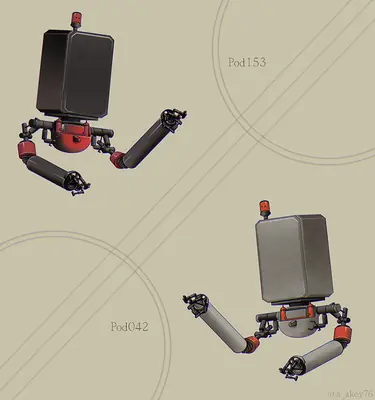 Concept art of two Pod units from NieR: Automata, labeled Pod042 and Pod153, with mechanical limbs and red accents on a beige background.
