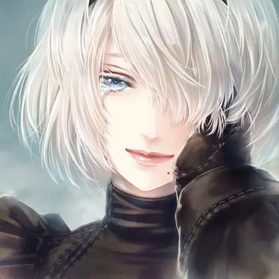 Digital illustration of 2B (YoRHa No.2 Type B) from NieR: Automata, featuring white hair and a dark outfit.