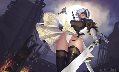 Digital illustration of 2B (YoRHa No.2 Type B) from NieR: Automata standing in a dramatic pose with a sword, blindfolded, against a post-apocalyptic industrial backdrop.