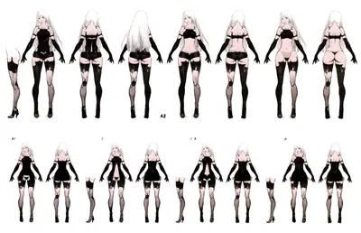 Character design sheets of 2B from NieR: Automata, showing front and back views in a black gothic-lolita outfit with white hair and a blindfold.