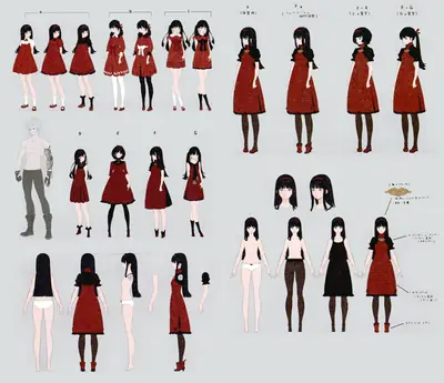 Concept art of 2B (YoRHa No.2 Type B) from NieR: Automata, showcasing multiple design variations of her red dress outfit.