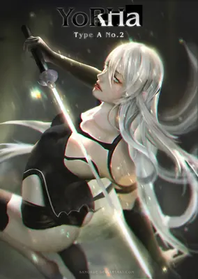 2B (YoRHa No.2 Type B) from NieR: Automata depicted in a dynamic pose wielding a glowing sword, wearing her signature black gothic-lolita outfit with white hair flowing in motion.