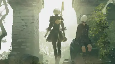 Digital illustration of 2B and 9S from NieR: Automata standing among overgrown ruins with a dramatic, moody atmosphere.