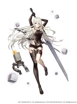 2B (YoRHa No.2 Type B) from NieR: Automata holding a sword with a mechanical arm and floating cubes in a digital illustration.