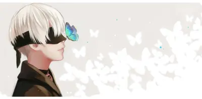 A digital illustration of 2B from NieR: Automata, shown in profile with a butterfly resting on her blindfold.