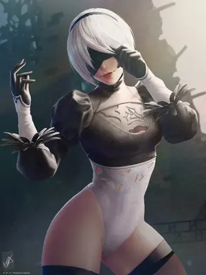 Digital illustration of 2B (YoRHa No.2 Type B) from NieR: Automata, depicted in a gothic-lolita style with a blindfold and white hair against a post-apocalyptic brick wall.