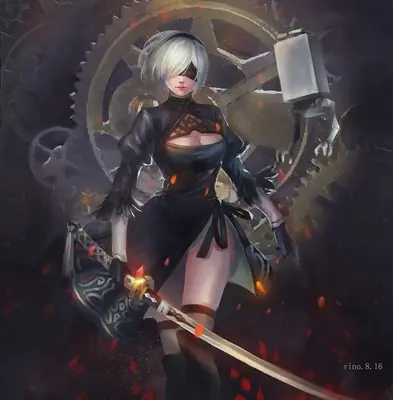 Digital illustration of 2B (YoRHa No.2 Type B) from NieR: Automata, depicted in a gothic-lolita outfit with a blindfold and sword amidst mechanical gears.