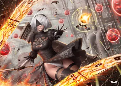 Fan art of 2B (YoRHa No.2 Type B) from NieR: Automata, depicted in a dynamic combat pose with a flaming sword and mechanical enemies.