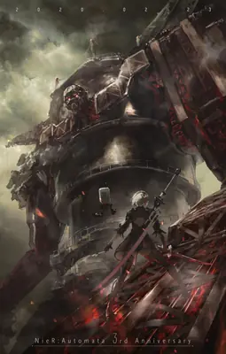 Fan art of 2B (YoRHa No.2 Type B) from NieR: Automata standing on a broken structure with a massive machine in the background.