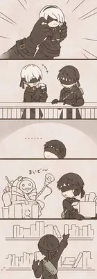 A fan art comic strip depicting 2B (YoRHa No.2 Type B) and 9S from NieR: Automata in a series of intimate and emotional scenes.