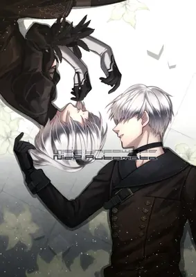 Digital illustration of 2B (YoRHa No.2 Type B) and 9S from NieR: Automata, featuring a dramatic pose with 2B suspended above 9S against a starry background.