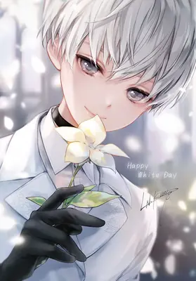 Digital illustration of 2B (YoRHa No.2 Type B) from NieR: Automata holding a white flower in a soft, glowing setting.