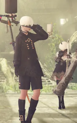 Fan art of 2B (YoRHa No.2 Type B) from NieR: Automata, depicted in a black gothic-lolita outfit with a blindfold and sword in a post-apocalyptic setting.