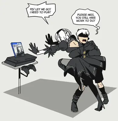 Fan art illustration of 2B and 9S from NieR: Automata in a comedic scene involving a PlayStation console.