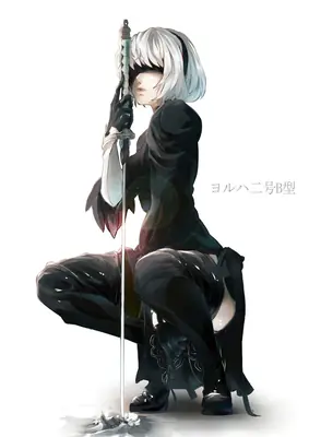 2B (YoRHa No.2 Type B) from NieR: Automata crouched with a sword, wearing a black gothic-lolita outfit and blindfold.