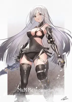 Fan art of 2B (YoRHa No.2 Type B) from NieR: Automata, depicted with long silver hair and a black gothic-lolita style outfit.