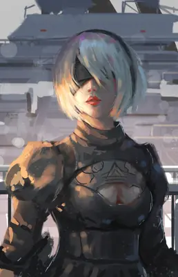 Digital illustration of 2B (YoRHa No.2 Type B) from NieR: Automata wearing a black dress and blindfold, standing in a post-apocalyptic setting.
