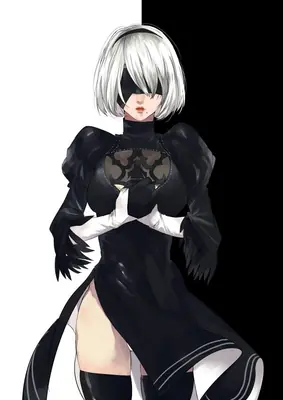 2B (YoRHa No.2 Type B) from NieR: Automata wearing a black gothic-lolita dress with white gloves and a blindfold, standing against a split black-and-white background.
