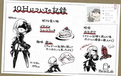 Fan art of 2B (YoRHa No.2 Type B) from NieR: Automata depicted in a character profile style with handwritten notes and illustrations on graph paper.