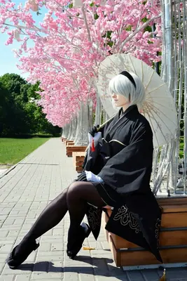 A cosplayer portrays 2B (YoRHa No.2 Type B) from NieR: Automata, sitting under pink cherry blossom trees with a white parasol.
