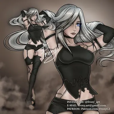 Digital illustration of 2B (YoRHa No.2 Type B) from NieR: Automata in a gothic-lolita style outfit with long silver hair and a blindfold.
