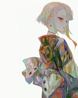 Digital illustration of 2B (YoRHa No.2 Type B) from NieR: Automata wearing a colorful gothic-lolita outfit.