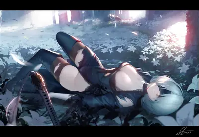 2B (YoRHa No.2 Type B) from NieR: Automata lies peacefully among white flowers in a post-apocalyptic landscape.