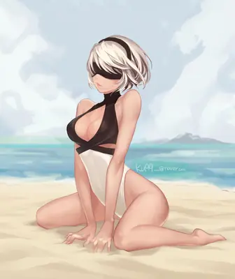 2B (YoRHa No.2 Type B) from NieR: Automata sitting on a beach in a black and white swimsuit with a blindfold.