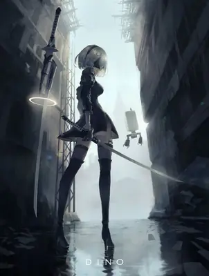 2B (YoRHa No.2 Type B) from NieR: Automata stands in a ruined urban alleyway, holding a sword with a glowing halo, surrounded by debris and broken structures.