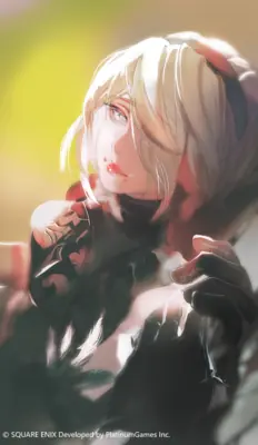 Digital illustration of 2B (YoRHa No.2 Type B) from NieR: Automata, depicted with a blindfold and white hair in a dramatic pose.