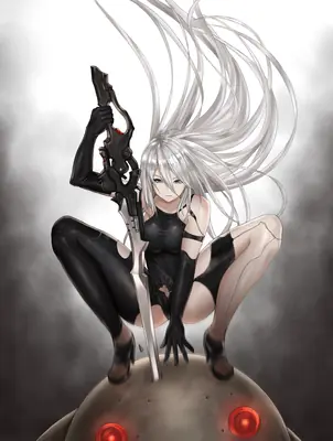 2B (YoRHa No.2 Type B) from NieR: Automata crouches with a weapon, showcasing her gothic-lolita outfit and blindfold.