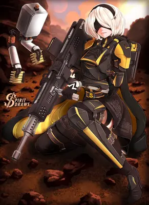 2B (YoRHa No.2 Type B) from NieR: Automata kneels in a desert landscape holding a large rifle, with a mechanical arm nearby.