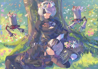 Digital illustration of 2B (YoRHa No.2 Type B) from NieR: Automata sitting peacefully in a flower-filled forest with robots.
