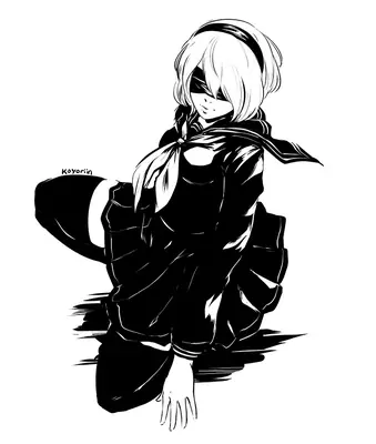 Black and white digital illustration of 2B (YoRHa No.2 Type B) from NieR: Automata, depicted in a gothic-lolita outfit with a blindfold and short white hair.
