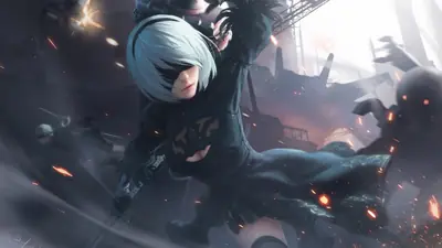 Fan art of 2B (YoRHa No.2 Type B) from NieR: Automata in a dynamic combat pose amidst a post-apocalyptic industrial setting.