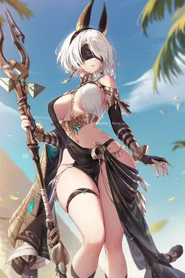 2B (YoRHa No.2 Type B) from NieR: Automata depicted in an Egyptian-themed outfit with a staff, standing outdoors under a bright sky.