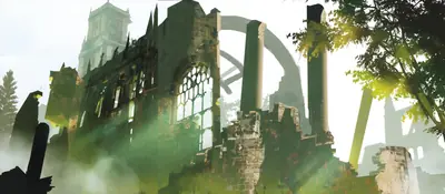 Fan art of 2B (YoRHa No.2 Type B) from NieR: Automata standing amidst post-apocalyptic ruins with a green-hued atmosphere.