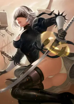 2B (YoRHa No.2 Type B) from NieR: Automata in a dynamic combat pose with a glowing sword and mechanical arm.