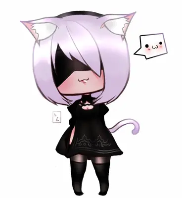 Chibi-style illustration of 2B (YoRHa No.2 Type B) from NieR: Automata with cat ears and a tail.