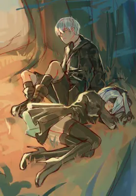 Fan art of 2B (YoRHa No.2 Type B) from NieR: Automata sitting in a forest with another character.