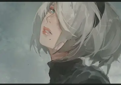 Digital illustration of 2B (YoRHa No.2 Type B) from NieR: Automata, featuring silver hair and a black dress in a moody, atmospheric setting.