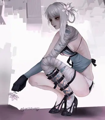 Digital illustration of 2B (YoRHa No.2 Type B) from NieR: Automata, depicted in a gothic-lolita outfit with a blindfold and flower accessory.