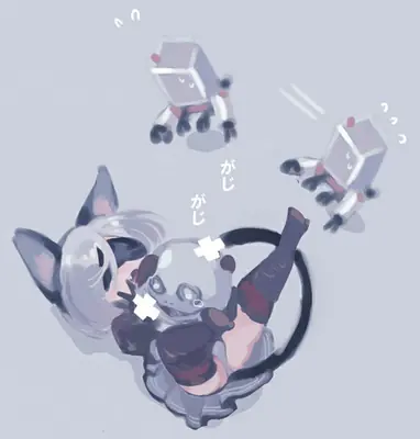 Fan art of 2B (YoRHa No.2 Type B) from NieR: Automata lying on her back with small robots floating above her.