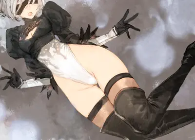 Fan art of 2B (YoRHa No.2 Type B) from NieR: Automata, depicted in a gothic-lolita style with a black dress and blindfold.