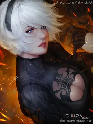 Digital illustration of 2B (YoRHa No.2 Type B) from NieR: Automata wearing a black gothic-lolita outfit with a blindfold and glowing sparks around her.